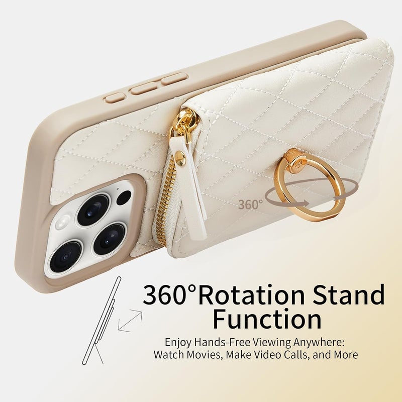 ZVE Wallet Case for iPhone 15 Pro Max with Card Holder, 360° Rotation Ring Stand Crossbody Zipper Wallet Lanyard Case for iPhone 15 Pro Max 6.7 Inch-Beige - Image 5